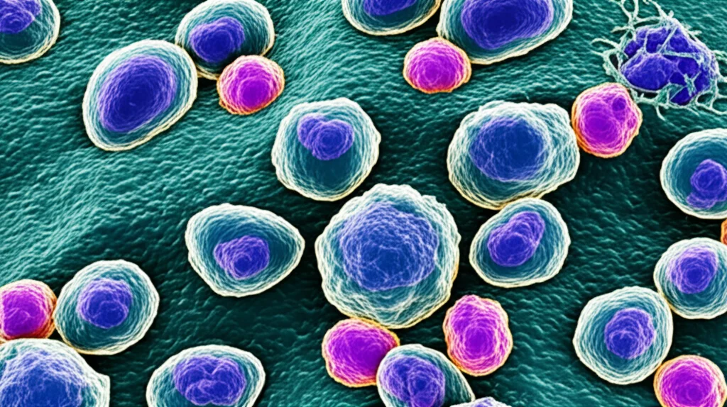 Micrografia elettronica stilizzata di linfociti (cellule immunitarie) che interagiscono con molecole di glucosio fluttuanti, alcune cellule appaiono stressate o danneggiate, illuminazione da laboratorio controllata, obiettivo macro 100mm, messa a fuoco precisa sui dettagli cellulari per illustrare l'impatto dell'ipoglicemia.