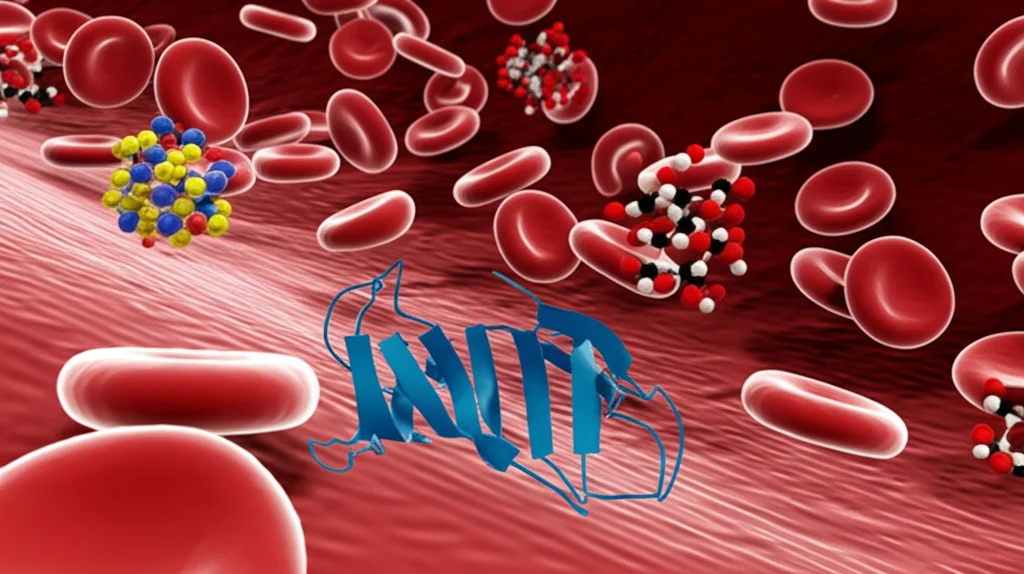 Immagine macro, obiettivo 100mm, che mostra piastrine stilizzate e molecole proteiche fluttuanti in un flusso sanguigno simulato, con alcune proteine evidenziate. Illuminazione controllata, alta definizione, focus preciso sulle interazioni molecolari.
