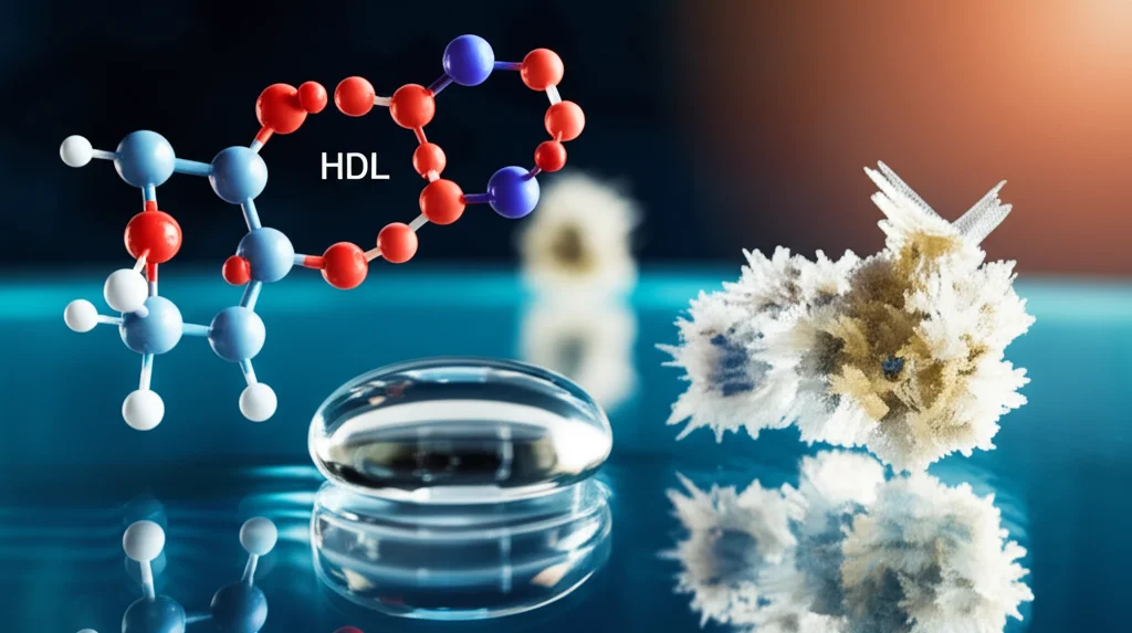 Primo piano macro di una goccia di sangue su una superficie di vetro accanto a una molecola stilizzata di colesterolo HDL e cristalli di acido urico, illuminazione da laboratorio controllata, obiettivo macro 100mm, alta definizione, messa a fuoco precisa.