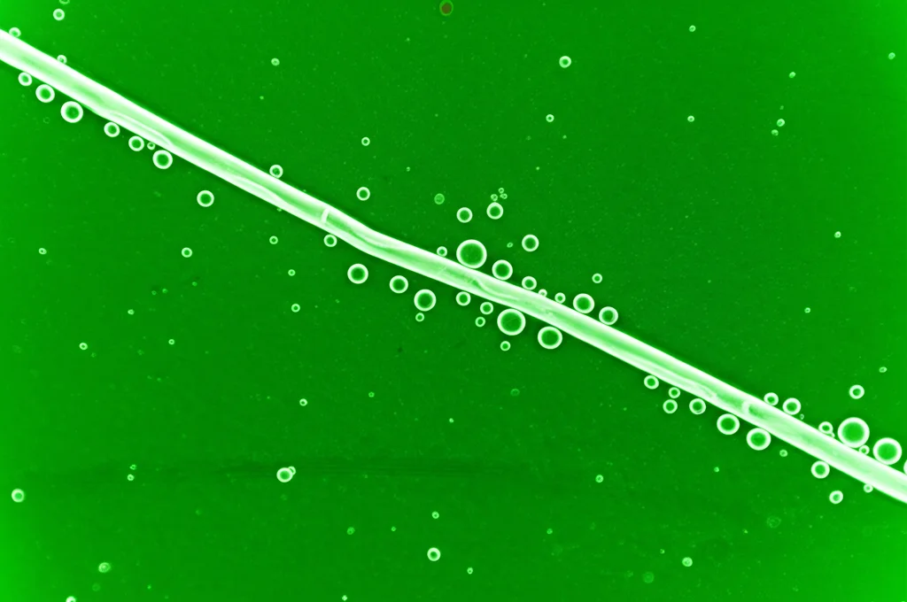 Dettaglio macro di una cella di elettrolizzatore PEM in funzione, piccole bolle visibili sugli elettrodi. Obiettivo macro 100mm, illuminazione controllata da studio, alta definizione, messa a fuoco precisa sui dettagli della membrana.