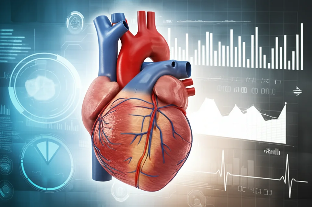 Fotografia medica di un cuore umano stilizzato con arterie evidenziate in rosso che mostrano segni di aterosclerosi, sfondo sfocato di grafici medici, profondità di campo, obiettivo prime 35mm.