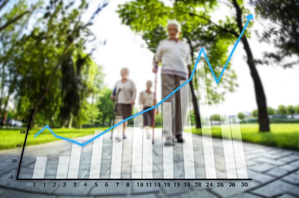 Fotografia grandangolare di un grafico astratto che mostra una linea di tendenza crescente della mortalità nel tempo, sovrapposto a un'immagine sfocata di persone anziane che camminano in un parco, obiettivo grandangolare 20mm, messa a fuoco nitida sulla linea del grafico.