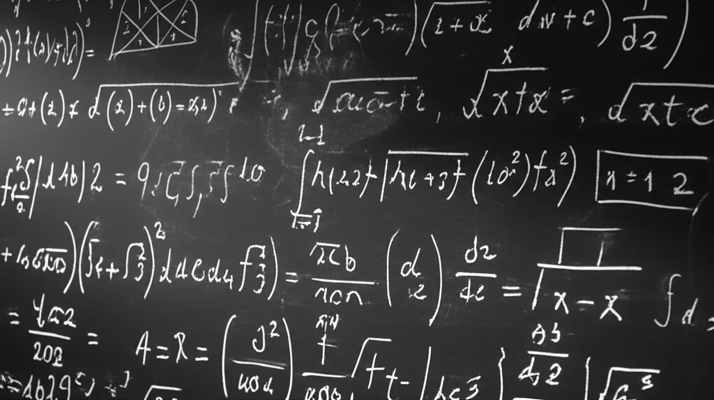 Primo piano di formule matematiche scritte a mano su una lavagna, con particolare enfasi sulle funzioni di Hermite e trasformate di Fourier. Illuminazione drammatica laterale, stile film noir, bianco e nero, macro lens 90mm, alta definizione.