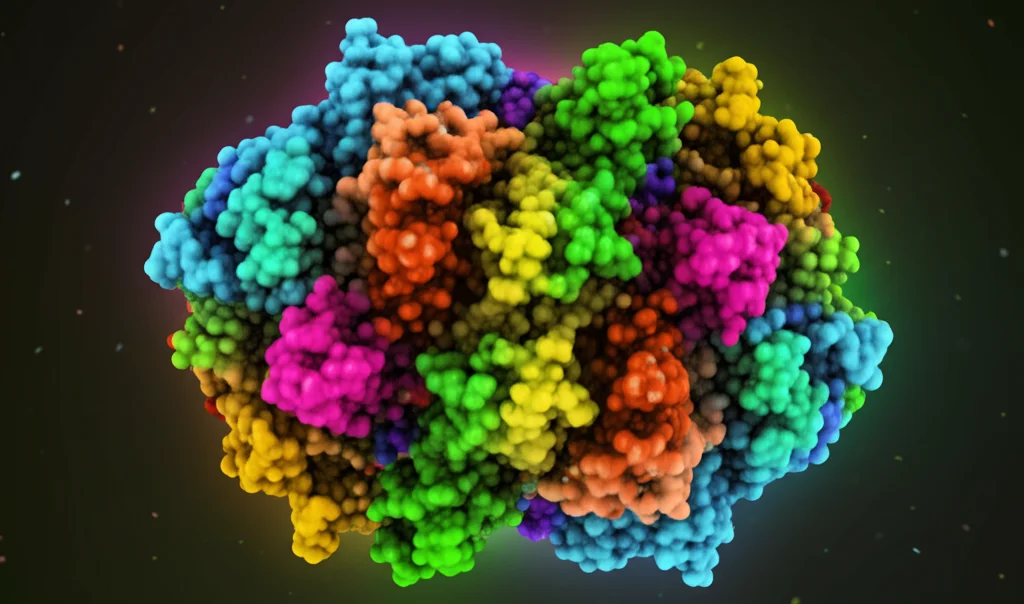 Visualizzazione 3D della proteina C3 del sistema del complemento, struttura molecolare complessa, colori vivaci per evidenziare domini funzionali, sfondo scuro, alta risoluzione, illuminazione drammatica.