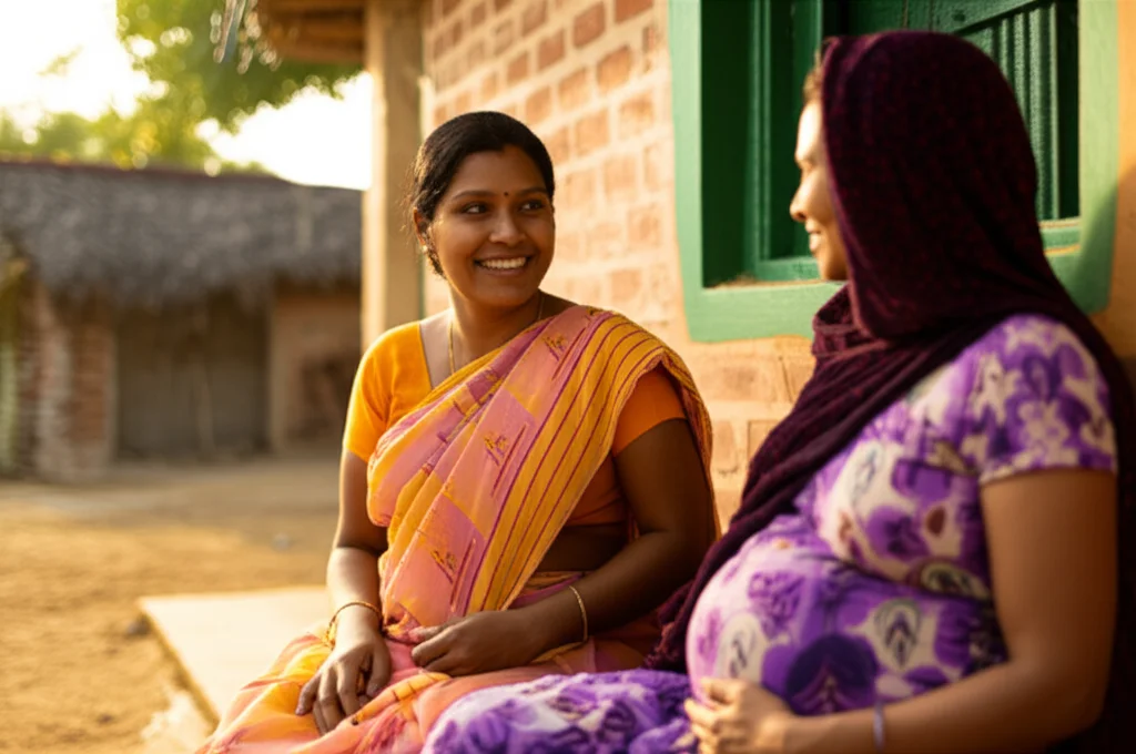 Fotografia realistica di un'operatrice sanitaria di comunità indiana sorridente mentre parla con una donna incinta seduta fuori da una semplice casa rurale. Luce calda del tardo pomeriggio. Obiettivo prime 35mm, profondità di campo ridotta per sfocare lo sfondo. Colori naturali e vivaci.