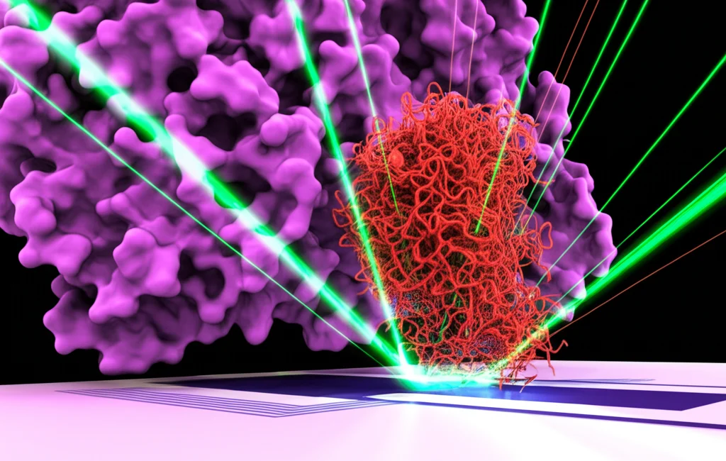 Macro fotografia, obiettivo 85mm, di una struttura proteica complessa e luminosa su un microchip. La proteina mostra due parti distinte fuse insieme: una parte più grande (enzima) e una più piccola di colore rossastro (citocromo eme). Fasci di luce sottili rappresentano il trasferimento di elettroni verso la superficie del microchip (elettrodo). Illuminazione da laboratorio controllata, high detail, precise focusing, leggero effetto profondità di campo.