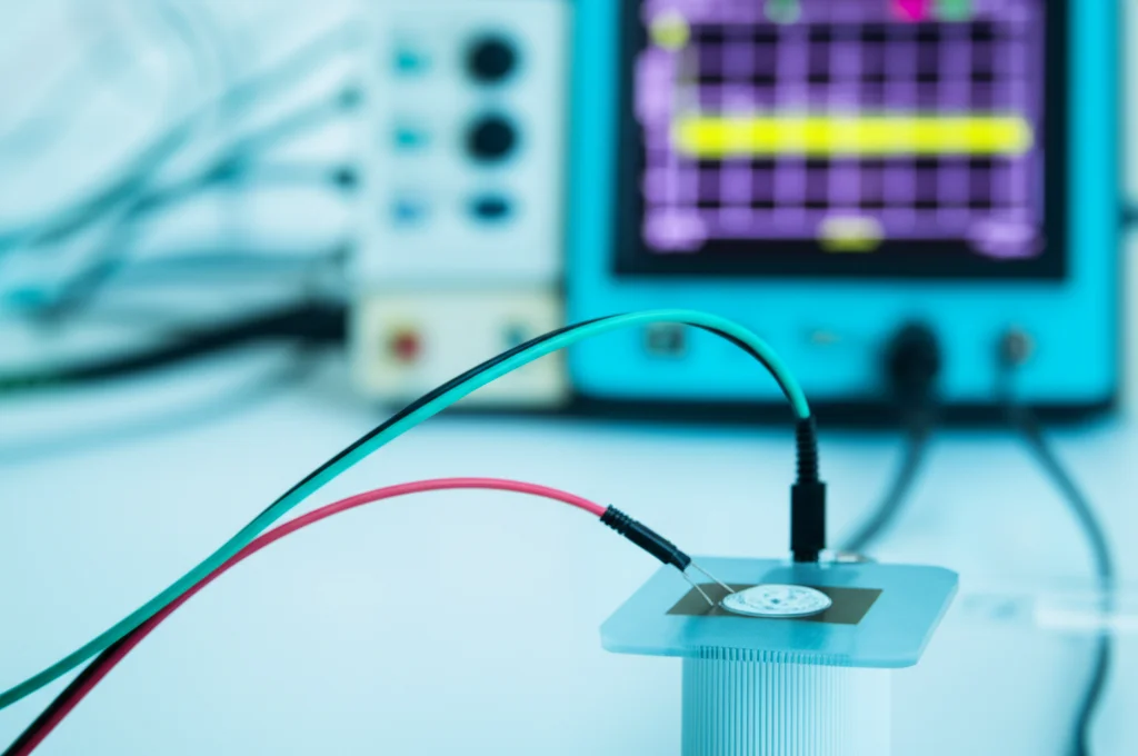 Primo piano fotorealistico, obiettivo macro 60mm, di un elettrodo serigrafato al carbonio (SPCE) rotondo. Sull'elettrodo c'è una goccia di liquido trasparente contenente l'enzima. Fili sottili collegano l'elettrodo a uno strumento di voltammetria fuori fuoco sullo sfondo, che mostra un grafico con picchi di corrente su uno schermo. Setting da banco di laboratorio, high detail, precise focusing, illuminazione controllata.