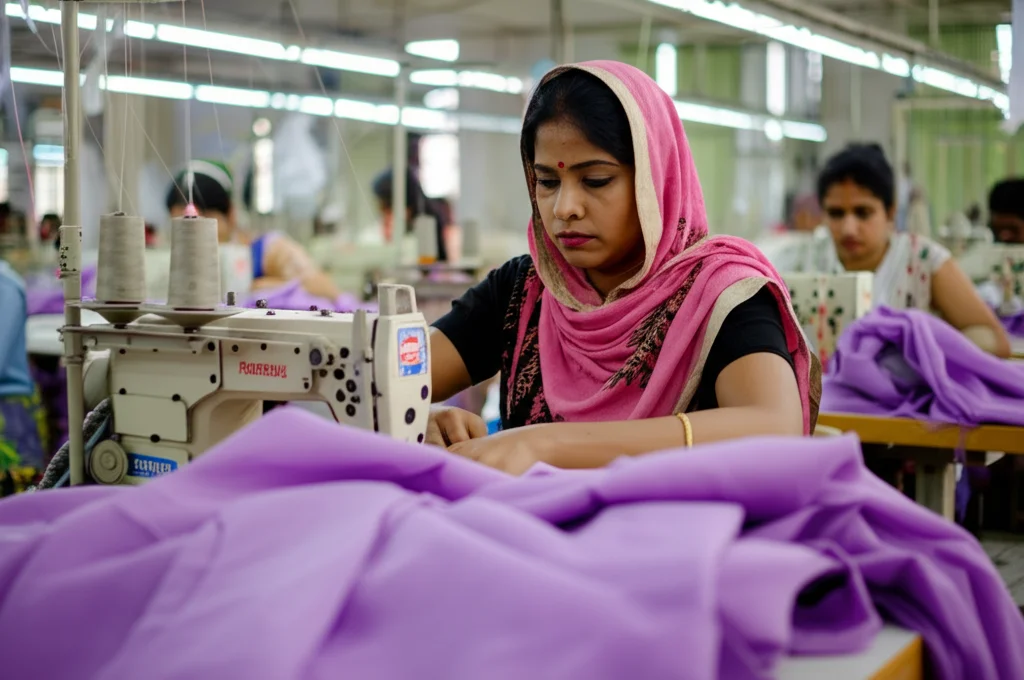 Dettaglio delle mani di una donna che lavorano velocemente su una macchina da cucire industriale in una fabbrica tessile affollata in Bangladesh. Obiettivo macro 85mm, alta definizione, illuminazione controllata che evidenzia la fatica e la precisione.