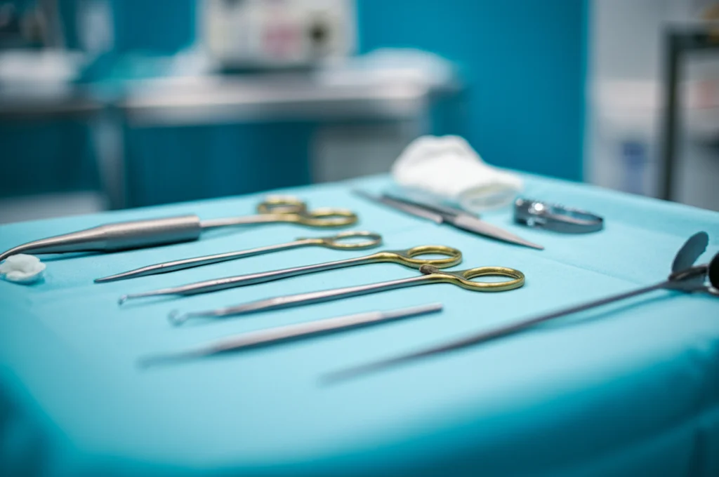 Sala operatoria moderna e luminosa, focus su strumenti chirurgici di precisione per proctologia disposti su un telo sterile, illuminazione controllata, lente macro 100mm, alta definizione dei dettagli metallici.