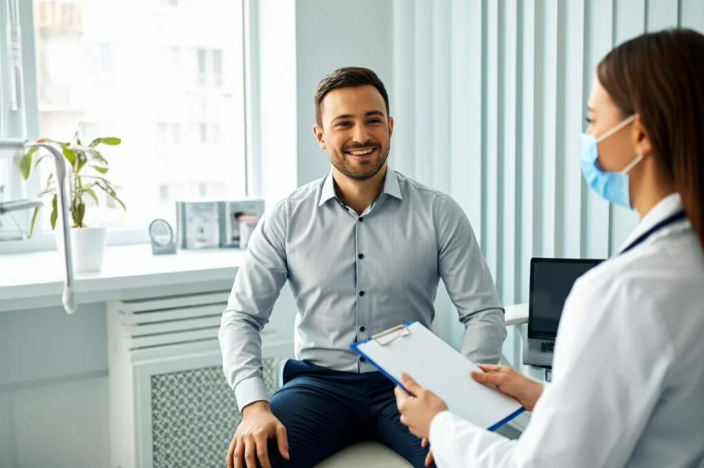 Ritratto di un paziente sorridente e rilassato durante una visita di controllo post-operatoria in uno studio medico accogliente, luce naturale dalla finestra, profondità di campo, lente 50mm prime.