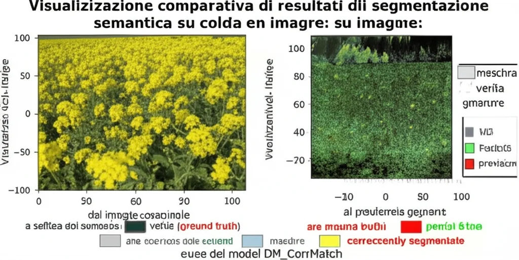 Visualizzazione comparativa di risultati di segmentazione semantica su un'immagine di colza: a sinistra l'immagine originale, al centro la maschera di verità (ground truth), a destra la previsione del modello DM_CorrMatch con aree correttamente segmentate evidenziate.