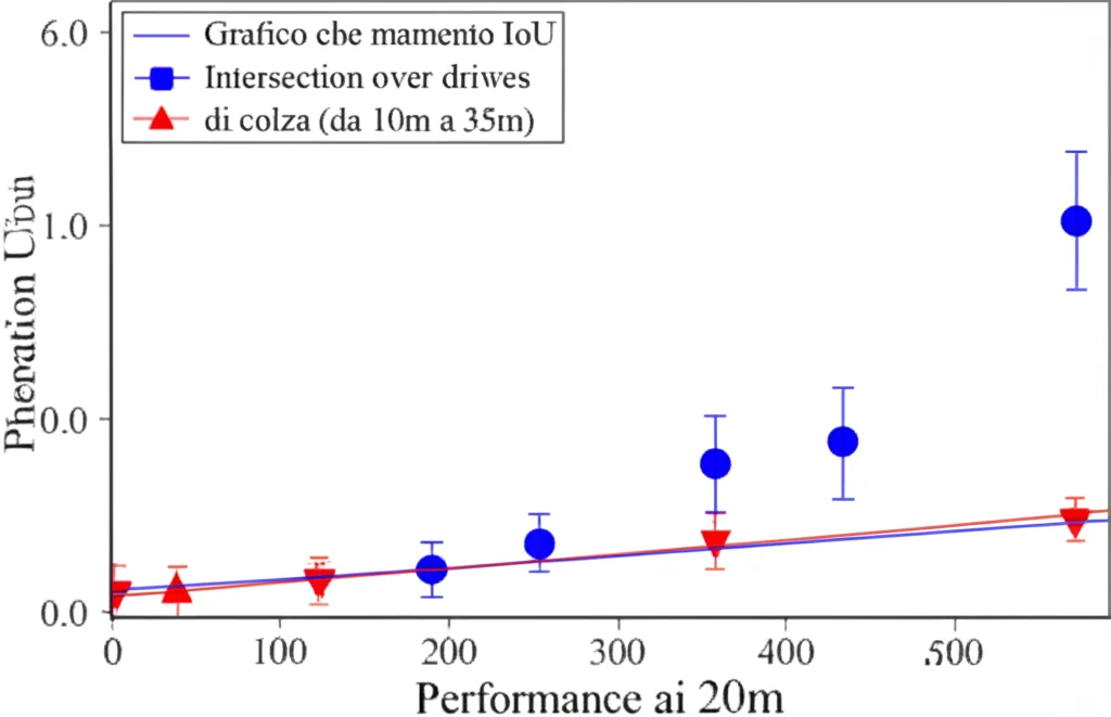 Grafico che mostra l'andamento della metrica IoU (Intersection over Union) per la segmentazione dei fiori di colza al variare dell'altitudine di volo del drone (da 10m a 35m), evidenziando il picco di performance intorno ai 20m.