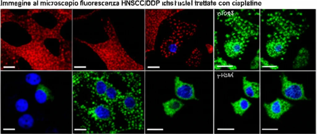 Immagine al microscopio a fluorescenza di cellule HNSCC/DDP trattate con cisplatino, che mostra nuclei cellulari (blu, Hoechst) e foci di danno al DNA (verde, γ-H2AX), obiettivo 60mm macro, alta definizione, contrasto elevato per evidenziare i foci fluorescenti.