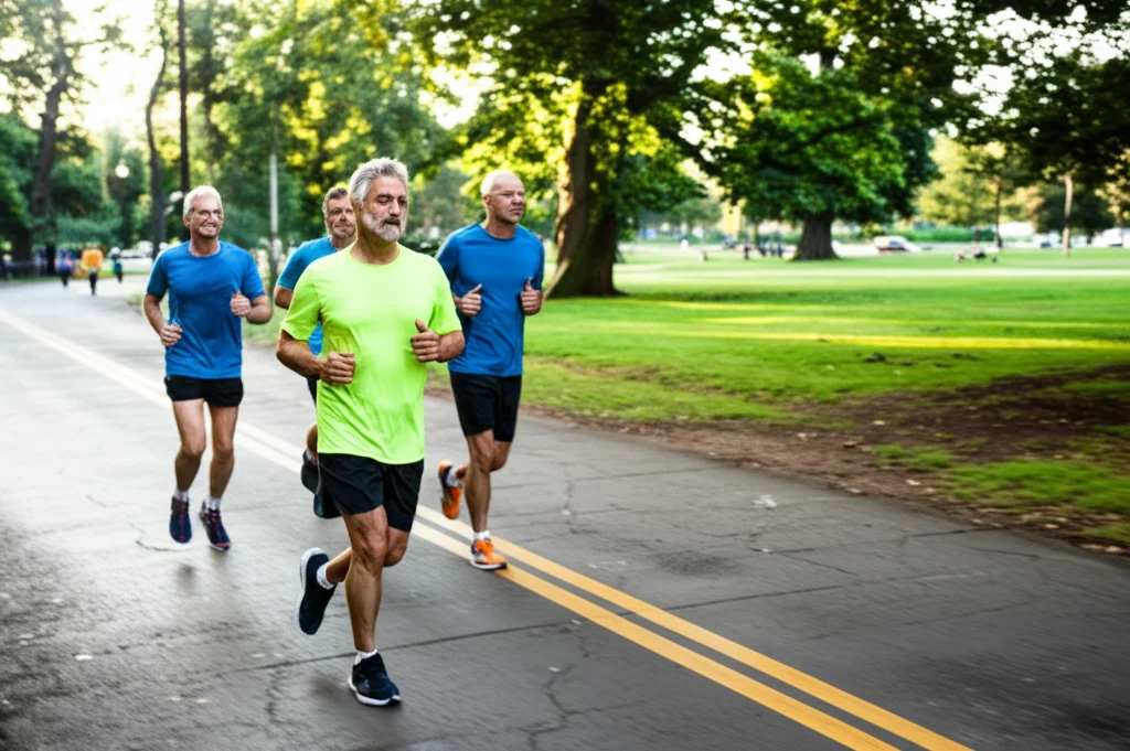 Foto realistica di un gruppo diversificato di adulti di mezza età che fanno jogging in un parco cittadino al mattino presto, teleobiettivo zoom 100-400mm, fast shutter speed, action tracking, luce naturale morbida.