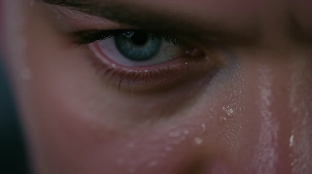 Primo piano macro di gocce di sudore sulla fronte di una persona durante un allenamento intenso in palestra, macro lens 100mm, high detail, precise focusing, illuminazione laterale controllata per enfatizzare la texture della pelle e le gocce.