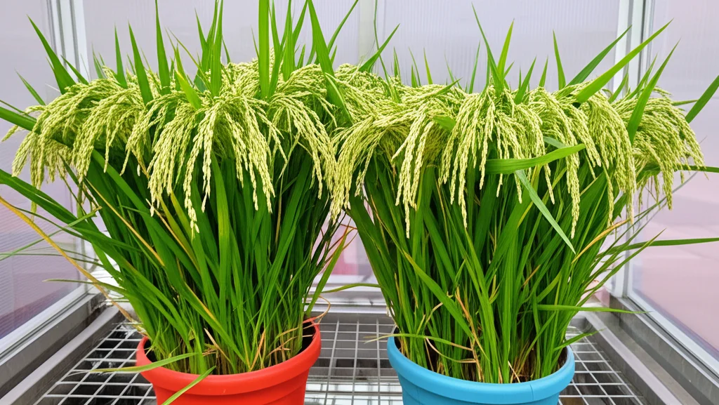 Fotografia di due varietà di riso (Pusa Basmati 1718 e 1509) coltivate affiancate in vasi all'interno di una camera Open Top Chamber (OTC) trasparente, simulando condizioni di CO2 elevata. Lente prime 35mm, luce diffusa, focus sulle differenze morfologiche tra le varietà.