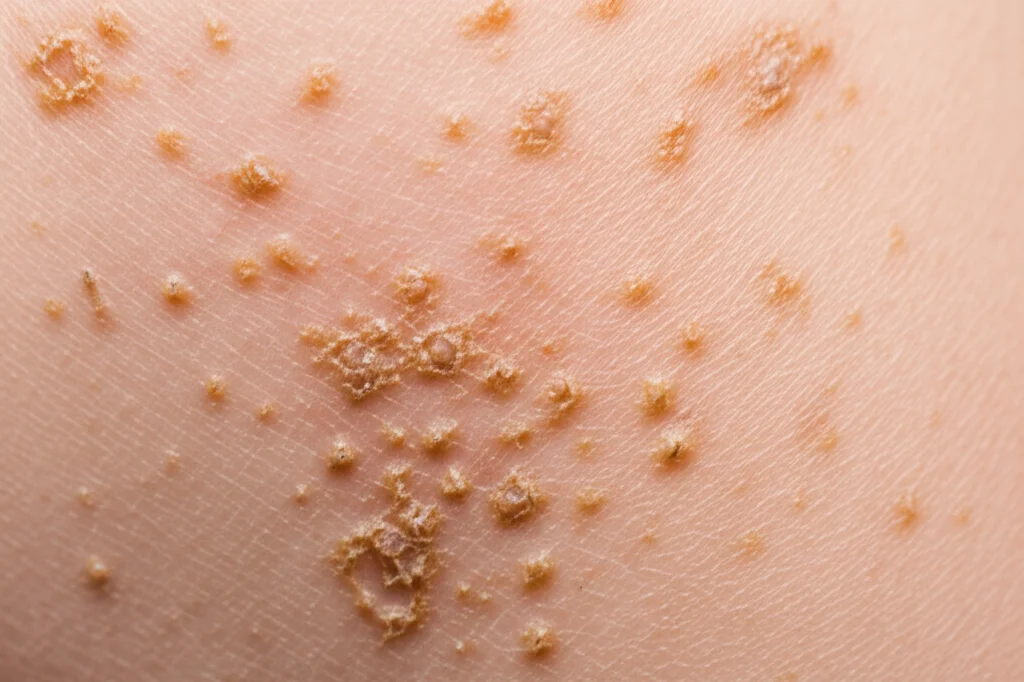 Primo piano di pelle umana con segni visibili di dermatite atopica, arrossamento ed eczema. Macro lens, 85mm, illuminazione controllata per evidenziare la texture della pelle infiammata.