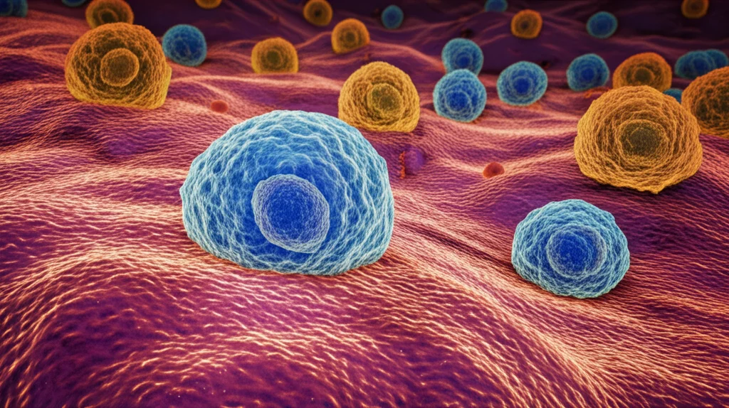 Immagine concettuale di cellule immunitarie che interagiscono con cellule tumorali, visualizzazione microscopica astratta. Macro lens, 100mm, high detail, illuminazione drammatica per simboleggiare la battaglia interna.