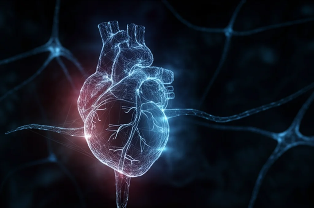 Visualizzazione astratta di un cuore umano stilizzato connesso a reti neurali luminose su sfondo scuro, simboleggiando il legame tra salute cardiovascolare e mentale. Wide-angle, 20mm, long exposure, focus nitido sulle connessioni.