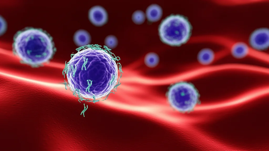Immagine macro ad alta definizione di piccole vescicole extracellulari (sEVs) che fluttuano nel plasma sanguigno, visualizzate con illuminazione controllata e messa a fuoco precisa su alcune di esse che rilasciano microRNA (miRNA) stilizzati, obiettivo macro 105mm, alta definizione.