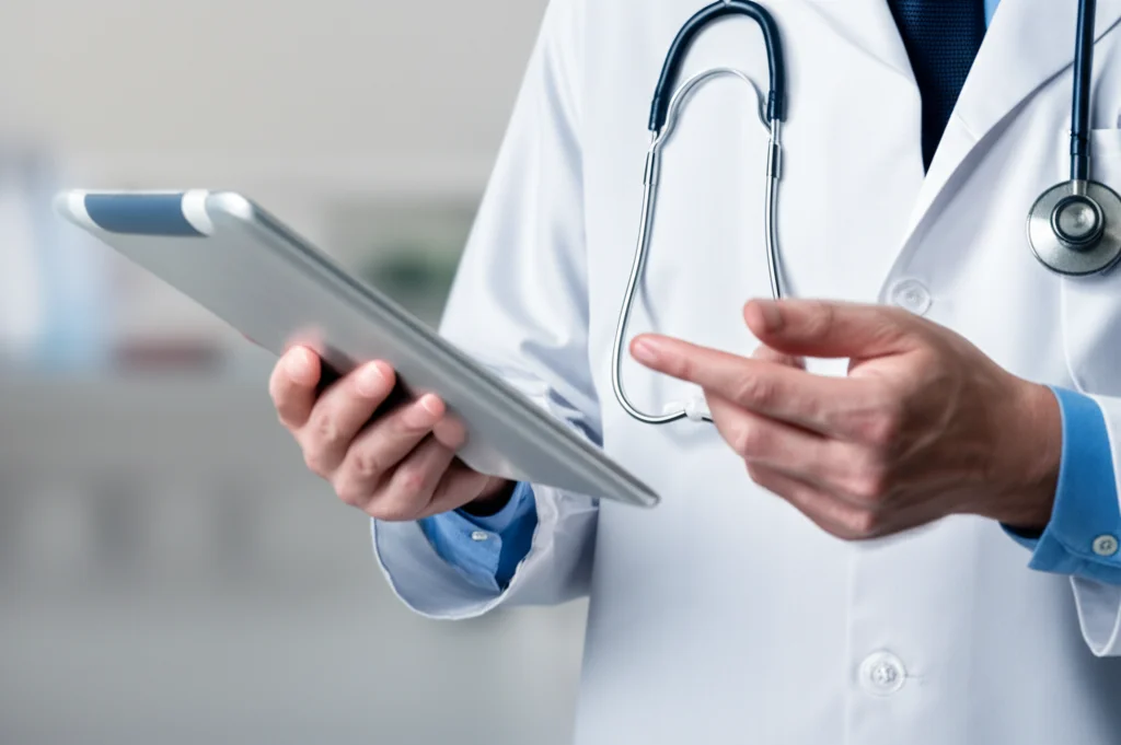 Medico che consulta i risultati di laboratorio su un tablet touch screen in un ambiente ospedaliero moderno e luminoso, profondità di campo ridotta per focalizzare sul tablet, lente prime 35mm, colori neutri e professionali, rappresenta l'applicazione clinica e la praticità del punteggio CKD-INF per la diagnosi precoce delle infezioni nei pazienti renali.