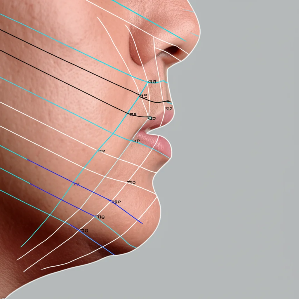 Fotografia ritrattistica del profilo laterale di un volto adulto con sovrapposte linee di misurazione cefalometrica digitale sui tessuti molli del mento e delle labbra, obiettivo macro 85mm, illuminazione da studio controllata, alta definizione dei dettagli, sfondo neutro.