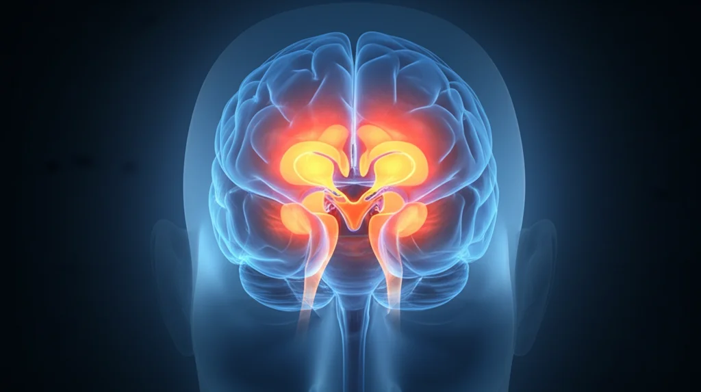 Visualizzazione fotorealistica del cervello umano con enfasi sull'asse ipotalamo-ipofisi-surrene (HPA) evidenziato, stile cinematografico noir con illuminazione drammatica, obiettivo 35mm, profondità di campo ridotta per focalizzare sull'asse.