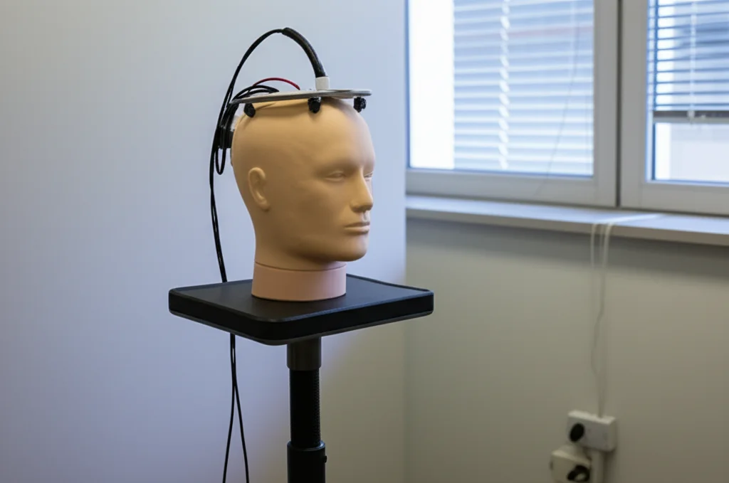 Fotografia in stile documentaristico, obiettivo 50mm, di una macchina per la rTMS in una stanza clinica luminosa; focus sul coil magnetico posizionato vicino alla testa di un manichino o modello, simulando il trattamento sulla corteccia prefrontale dorsolaterale; luce naturale da una finestra, atmosfera serena ma scientifica.