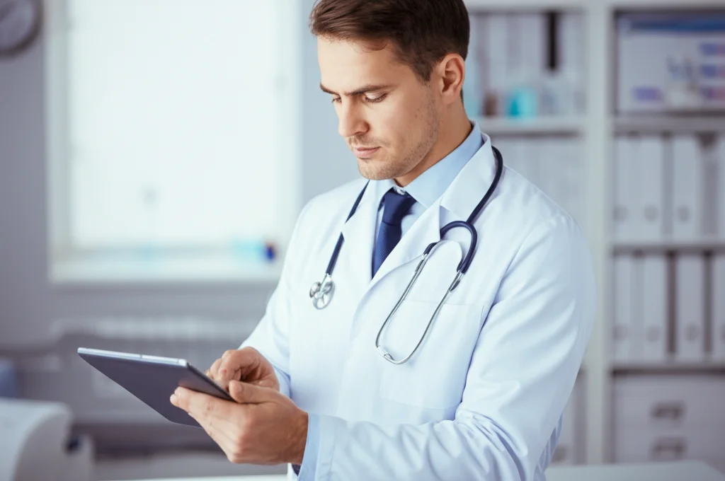 Medico in camice bianco che osserva con attenzione i risultati di esami del sangue su un tablet digitale in un ambiente ospedaliero moderno e luminoso. Prime lens 35mm, depth of field che sfoca leggermente lo sfondo, luce naturale che entra da una finestra, focus sull'espressione concentrata del medico.