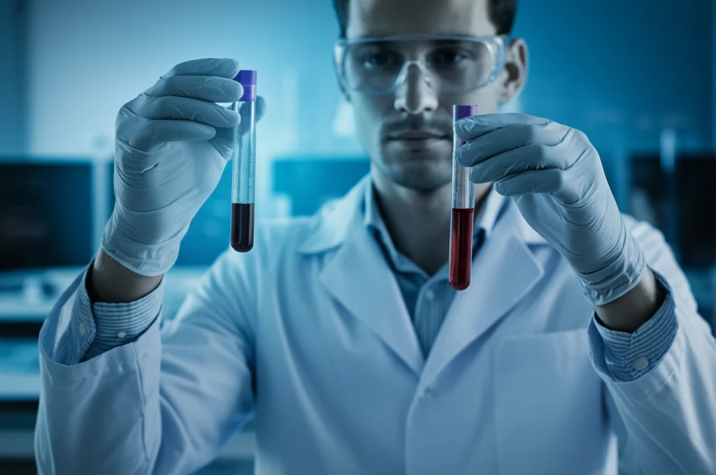 Ritratto fotografico di un ricercatore o medico che osserva con attenzione una provetta contenente plasma sanguigno illuminato, sfondo sfocato di un laboratorio, stile duotone blu e grigio per un'atmosfera clinica ma speranzosa, obiettivo 35mm.
