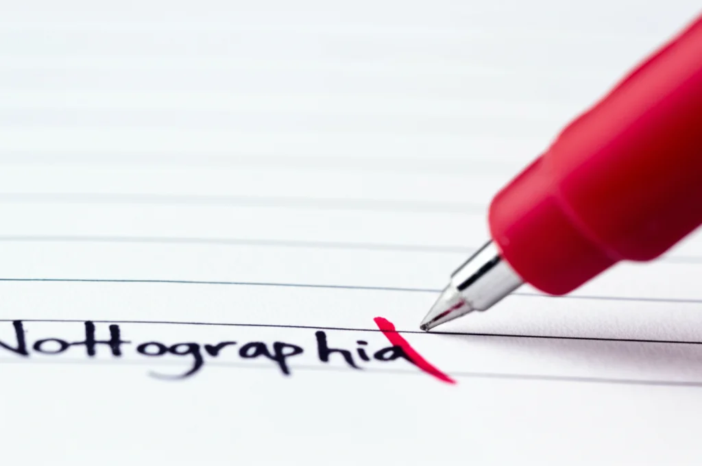 Fotografia macro di una penna rossa che segna un errore su un compito scolastico scritto a mano, messa a fuoco precisa sulla punta della penna e sulla carta, illuminazione da studio controllata per evidenziare i dettagli, obiettivo macro 90mm.