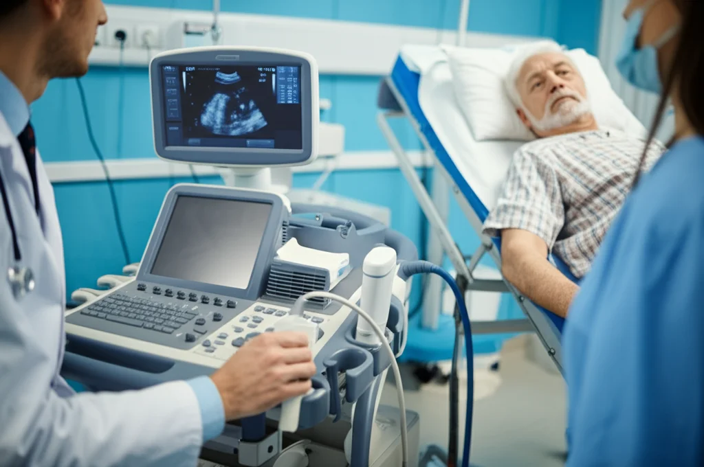 Medico d'urgenza che esegue un'ecografia polmonare point-of-care su un paziente anziano sdraiato su una barella in un Pronto Soccorso affollato ma ordinato. Luce controllata, focus preciso sull'interazione medico-paziente e sullo schermo dell'ecografo portatile che mostra artefatti polmonari. Obiettivo Prime 35mm, profondità di campo ridotta per isolare la scena principale.