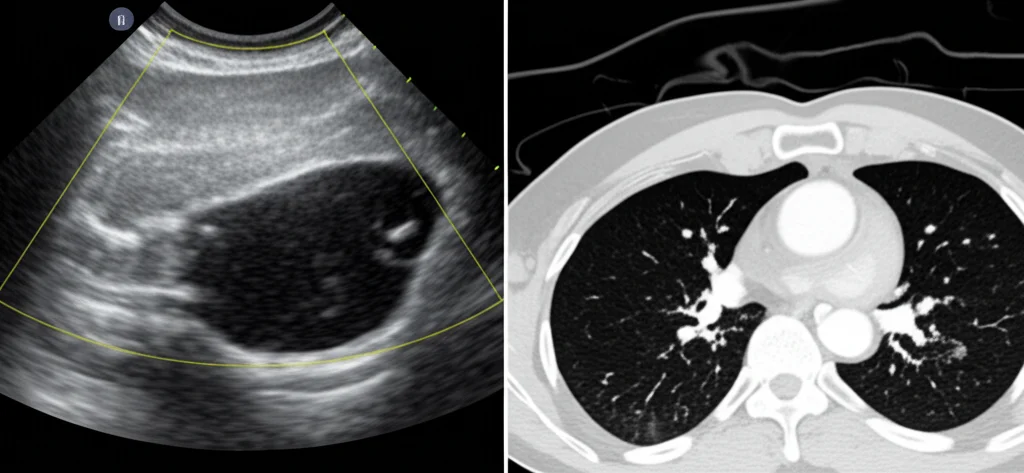 Immagine comparativa affiancata: a sinistra, un'ecografia polmonare che mostra segni di consolidamento (polmonite); a destra, una sezione corrispondente di una TAC toracica dello stesso paziente che conferma la polmonite. Illuminazione da studio medico, alta definizione dei dettagli in entrambe le immagini. Obiettivo Macro 100mm.