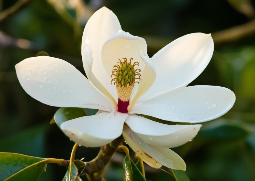Macro fotografia di un fiore di Magnolia sezione Talauma appena sbocciato, con gocce di rugiada, in una foresta pluviale neotropicale umida e lussureggiante all'alba. Obiettivo macro 100mm, alta definizione, messa a fuoco precisa, illuminazione controllata ma dall'aspetto naturale.