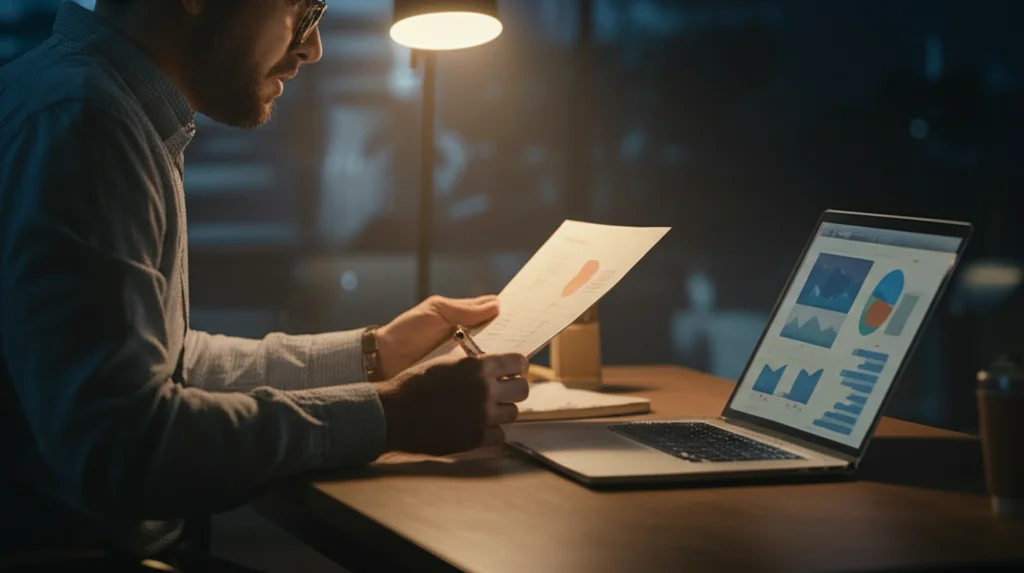 Ritratto di un insegnante concentrato che confronta un testo scritto su carta con un'analisi visualizzata su uno schermo di computer portatile, luce soffusa da una lampada da scrivania, profondità di campo media, obiettivo 50mm, stile cinematografico.