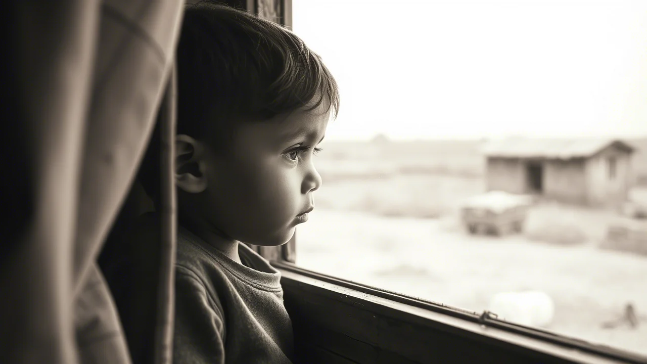 Un bambino dall'aria pensierosa guarda fuori da una finestra in una zona rurale potenzialmente toccata da conflitti, luce naturale soffusa, obiettivo 35mm, profondità di campo, toni seppia e grigio duotone.