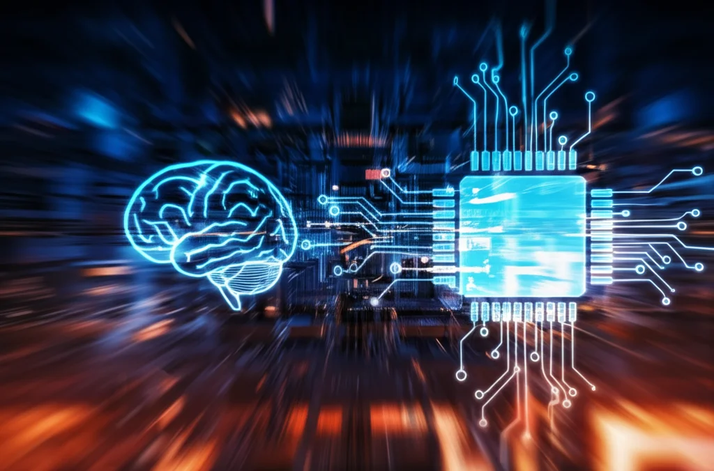 Visualizzazione astratta di dati digitali che fluiscono tra un'icona stilizzata di un cervello umano e un chip di computer, colori brillanti blu e arancione su sfondo scuro, effetto motion blur per indicare velocità e connessione, wide-angle 24mm.