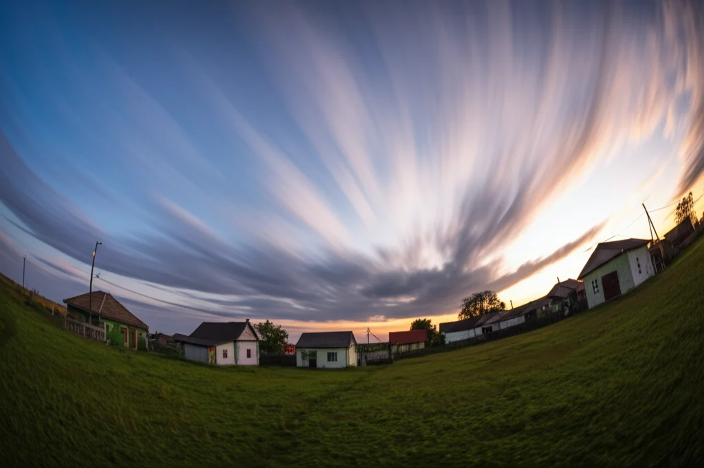 Fotografia di paesaggio grandangolare di un villaggio rurale al tramonto, alcune case semplici visibili, nuvole morbide nel cielo, obiettivo grandangolare 15mm, lunga esposizione per le nuvole, messa a fuoco nitida.