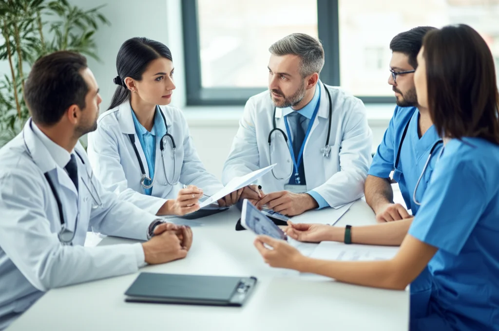 Fotografia realistica di un team multidisciplinare di professionisti sanitari (medico, infermiere, fisioterapista) riuniti attorno a un tavolo in una sala riunioni luminosa di un ospedale. Stanno discutendo il caso di un paziente, con cartelle cliniche e un tablet aperti. Obiettivo prime 35mm, profondità di campo, luce naturale controllata, atmosfera collaborativa ma concentrata.
