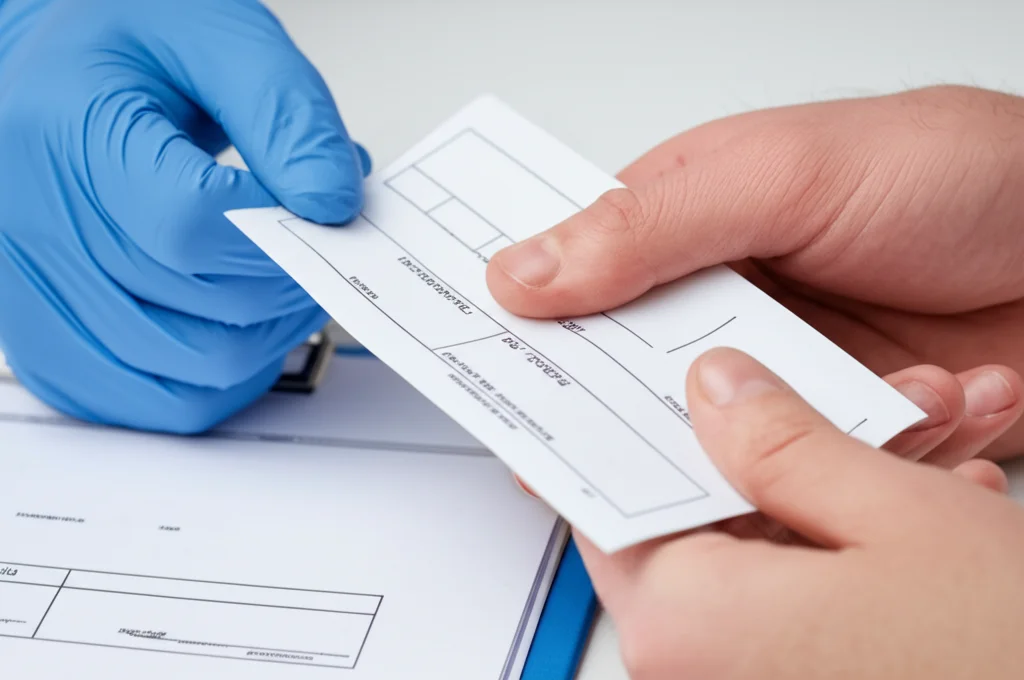 Immagine macro di due mani che si scambiano un foglio di referto medico in un ambiente clinico. Una mano indossa un guanto monouso blu. Dettaglio elevato sulla texture della carta e sulla pelle. Obiettivo macro 100mm, illuminazione controllata e precisa.