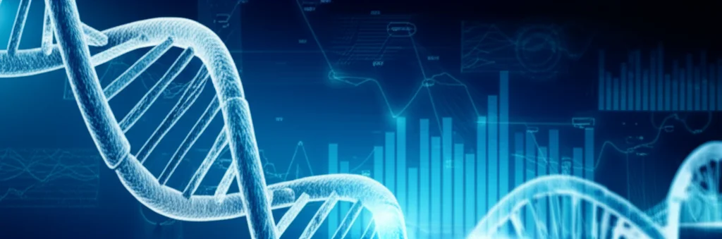 Visualizzazione astratta di dati genetici GWAS, con eliche di DNA stilizzate che si intrecciano con grafici a barre e linee luminose su uno sfondo digitale blu scuro. Macro lens, 100mm, alta definizione, illuminazione controllata high-tech.