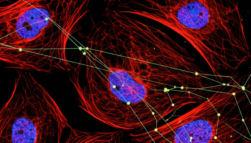 Immagine macro ad alta definizione di cellule tumorali del seno sotto un microscopio, con sovrapposte linee astratte di una rete neurale digitale luminosa. Lente macro 100mm, illuminazione controllata, messa a fuoco precisa sulle strutture cellulari e sulle linee digitali, sfondo scuro per enfatizzare il contrasto.