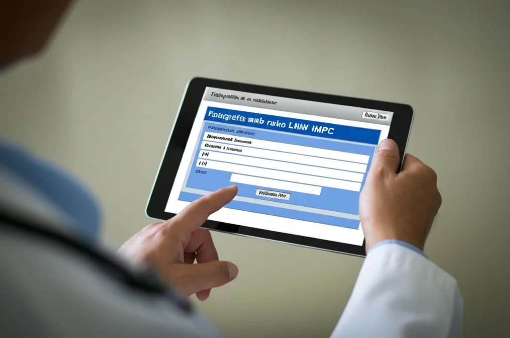 Fotografia di un medico che utilizza un tablet su cui è visualizzata l'interfaccia del calcolatore web per il rischio LNM nell'IMPC. Focus selettivo sullo schermo del tablet che mostra i campi di input per dimensione tumore, grado, PR, LVI e il risultato della probabilità. Lente prime 50mm, profondità di campo ridotta, luce da studio morbida.