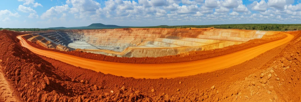 Un paesaggio africano segnato da un'operazione di estrazione mineraria a cielo aperto, con macchinari pesanti e terra smossa, evidenziando l'impatto ambientale. Landscape wide angle 10mm, sharp focus.