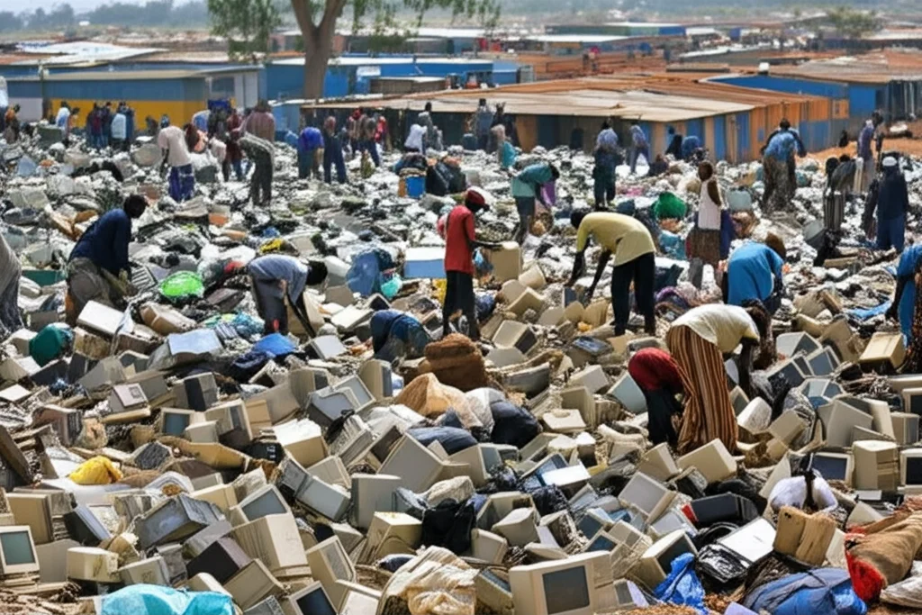 Una discarica a cielo aperto in una località africana, piena di rifiuti elettronici come computer e cavi, con persone che cercano materiali recuperabili, mostrando il problema dell'e-waste. Telephoto zoom, 150mm, action tracking.