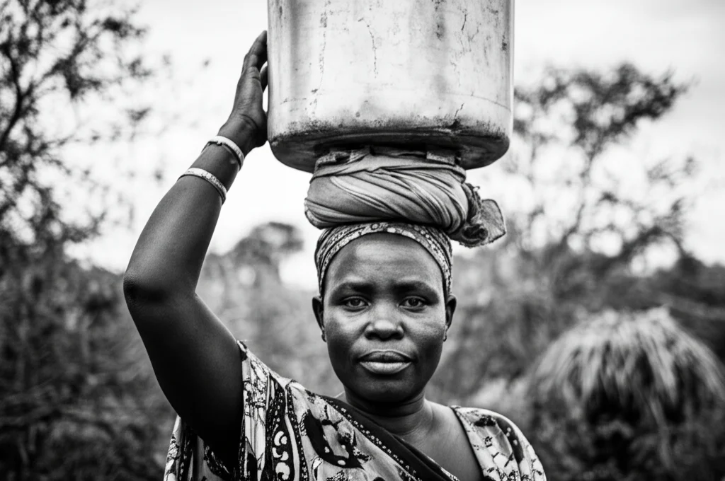 Ritratto fotografico di una donna africana in un contesto rurale, che trasporta acqua o legna sulla testa, il suo volto esprime resilienza e fatica. 35mm portrait, black and white film, depth of field.