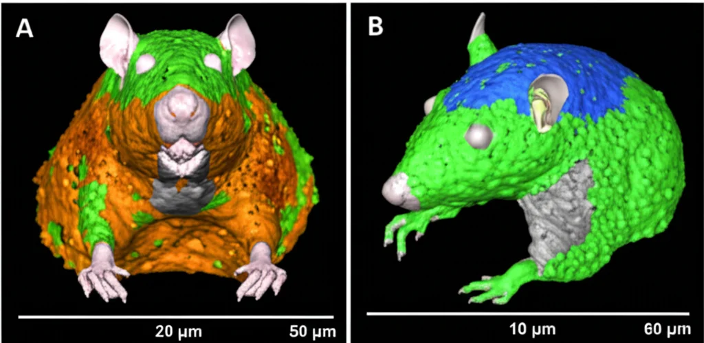 Ricostruzione di scansione Micro-CT, vista 3D, alto dettaglio, che mostra una significativa formazione di nuovo osso (evidenziata) all'interno di un difetto cranico di ratto trattato con idrogel GelMA/DBM/DFO dopo 12 settimane.