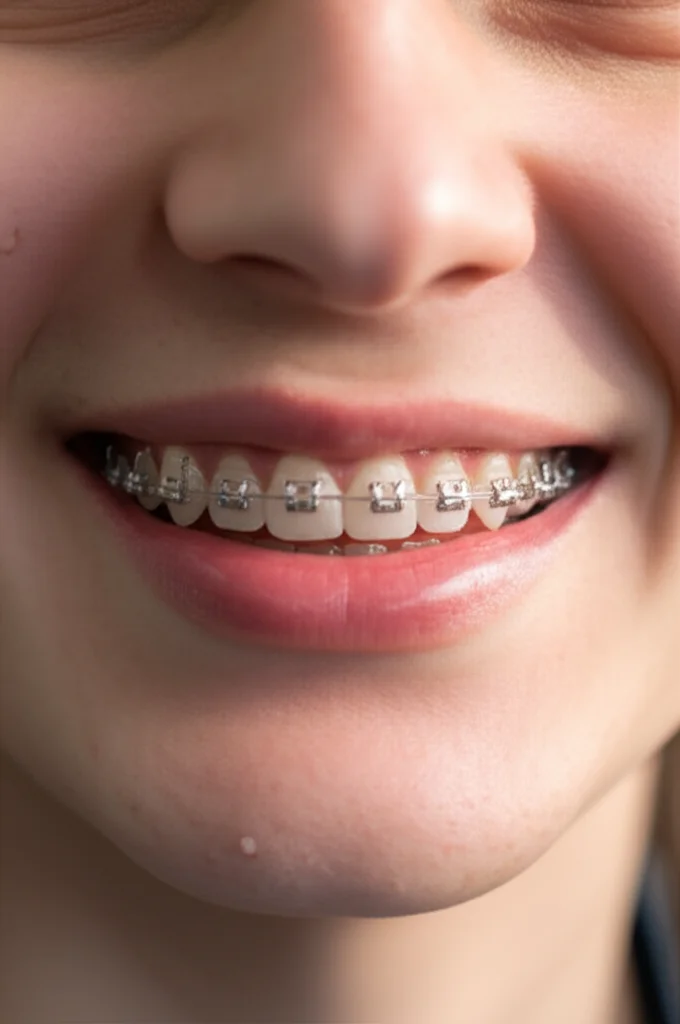 Primo piano di un paziente ortodontico che sorride mostrando un apparecchio fisso trasparente (aligner), luce naturale morbida che entra da una finestra, obiettivo 50mm, profondità di campo ridotta per sfocare lo sfondo e concentrarsi sul sorriso e l'apparecchio.