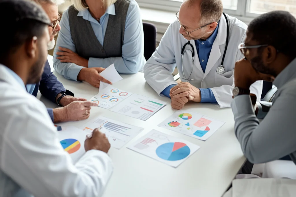 Fotografia di un piccolo gruppo eterogeneo di persone (età diverse, alcuni sembrano pazienti/familiari, altri professionisti sanitari) seduti attorno a un tavolo, che discutono animatamente ma in modo costruttivo guardando dei fogli con grafici e icone (prototipi di infografica). Luce naturale da una finestra, atmosfera collaborativa e concentrata. Obiettivo 35mm, profondità di campo media per mantenere a fuoco il gruppo ma sfocare leggermente lo sfondo di una sala riunioni semplice.