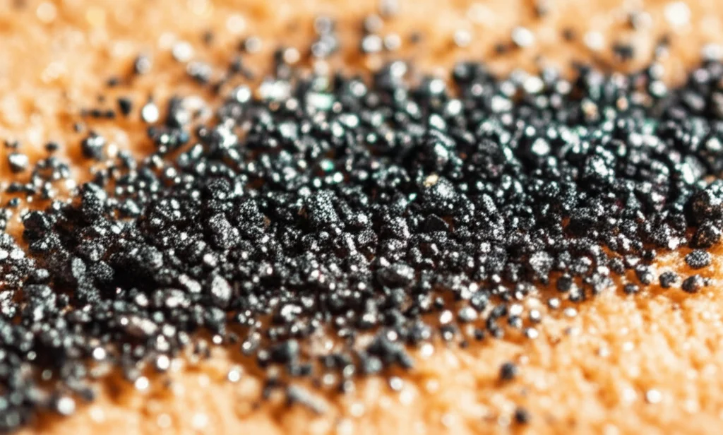 Macro fotografia di polvere scura contenente particelle metalliche scintillanti su una superficie sabbiosa, lente macro 90mm, alta definizione, illuminazione controllata per evidenziare le diverse texture.
